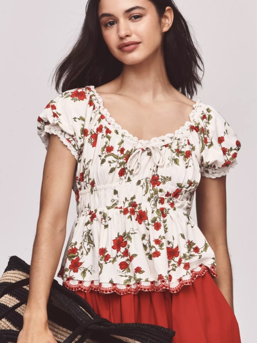 Maeve Short-Sleeve Sweetheart-Neck Peplum Top (XS)